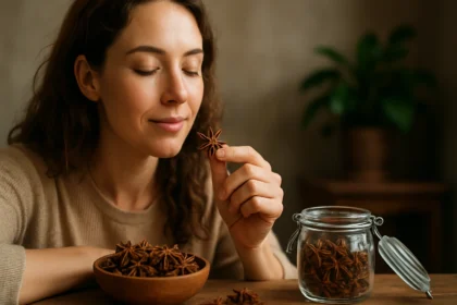 Žena si užíva hviezdicový aníz pre jeho zdravotné prínosy.