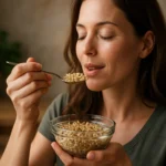 Žena si vychutnáva csíramálé zo sklenenej misky.