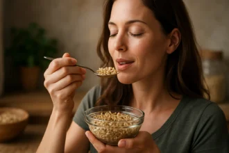 Žena si vychutnáva csíramálé zo sklenenej misky.