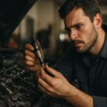 Mechanik kontroluje vstrekovací ventil v motorovom priestore auta.