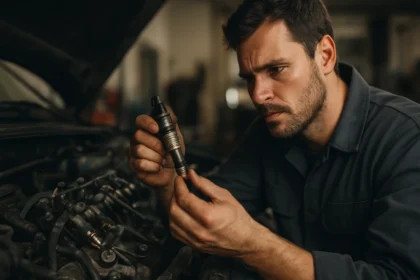 Mechanik kontroluje vstrekovací ventil v motorovom priestore auta.