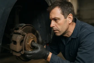 Mechanik kontrolujúci brzdový strmeň vozidla v servise