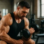 Muž cvičiaci s činkou v posilňovni, zameraný na svalový výkon.