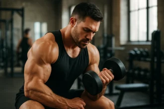 Muž cvičiaci s činkou v posilňovni, zameraný na svalový výkon.