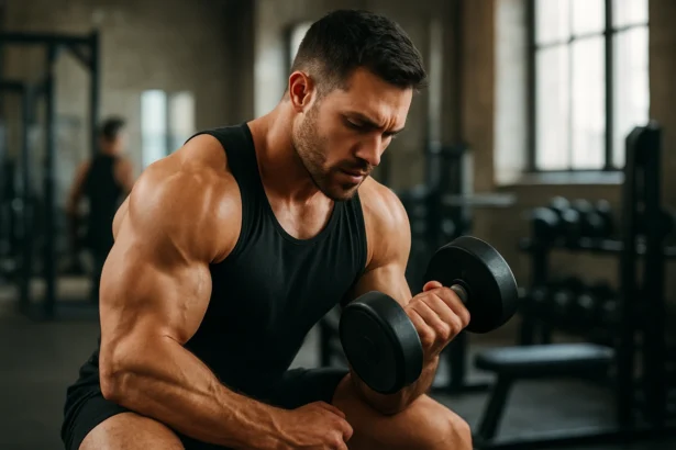 Muž cvičiaci s činkou v posilňovni, zameraný na svalový výkon.