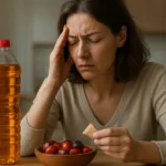 Žena sa zatvorenými očami, drží si hlavu a zrazený pohár s palmovým olejom