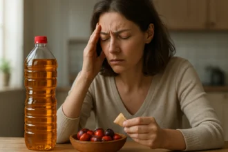 Žena sa zatvorenými očami, drží si hlavu a zrazený pohár s palmovým olejom
