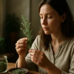 Žena skúma liečivú rastlinu jednoletú palinu v prírodnom prostredí.