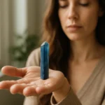 Žena drží modrý turmalín na dlani, symbol duchovného rastu a vyváženia.