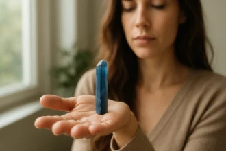 Žena drží modrý turmalín na dlani, symbol duchovného rastu a vyváženia.