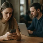 Mladá žena sústredene sleduje svoj mobil v kaviarni