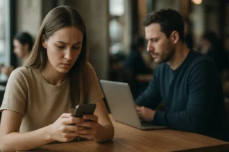 Mladá žena sústredene sleduje svoj mobil v kaviarni