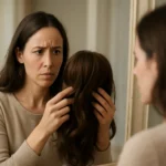 Žena skúma parochňu z čelného pohľadu v zrkadle.