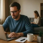 Muž pracujúci z domu na laptopu so šálkou kávy