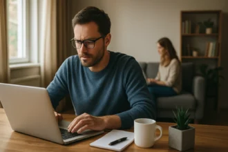 Muž pracujúci z domu na laptopu so šálkou kávy