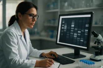 Žena v laboratóriu sledujúca génovú expresiu na obrazovke počítača.