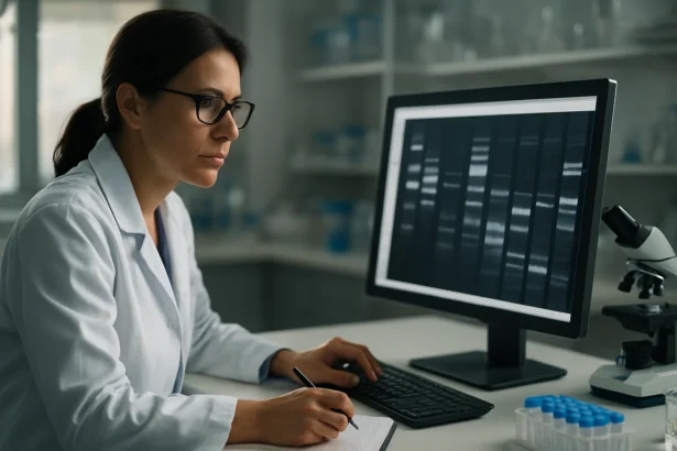 Žena v laboratóriu sledujúca génovú expresiu na obrazovke počítača.