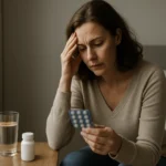 Žena s problémovým výrazom, drží balenie tabliet Kamagra