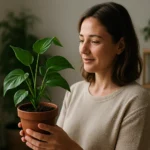 Žena s kvetom v kvetináči, objavujúca tajomstvá liečivých rastlín.