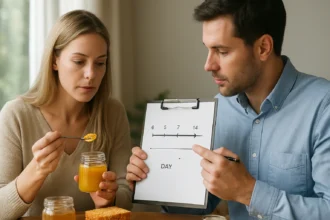 Dvojica ľudí diskutuje o účinkoch matečnej kašičky pred tabuľkou s časovou osou.