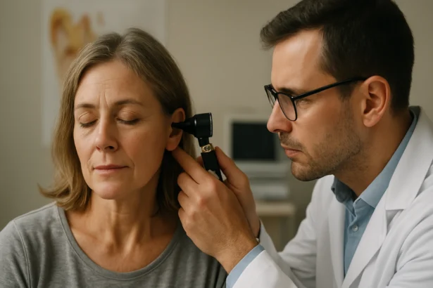 Lekár vyšetruje ušný bubienok ženy.