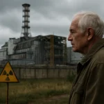 Muž pred Černobyľskou jadrovou elektrárňou s rádioaktívnym varovaním.