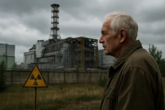 Muž pred Černobyľskou jadrovou elektrárňou s rádioaktívnym varovaním.