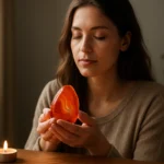 Žena drží ohnivý achát pri meditačnej atmosfére so sviečkou.