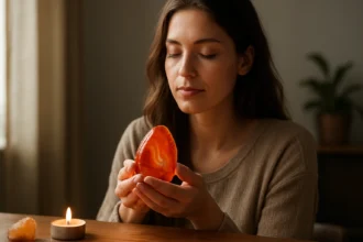 Žena drží ohnivý achát pri meditačnej atmosfére so sviečkou.