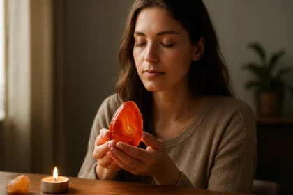 Žena drží ohnivý achát pri meditačnej atmosfére so sviečkou.