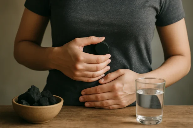 Osoba drží aktívne uhlie a poukazuje na jeho zdravotné prínosy pre žalúdok.