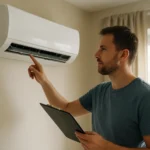 Technik skontroluje inverterovú split klimatizáciu v interiéri