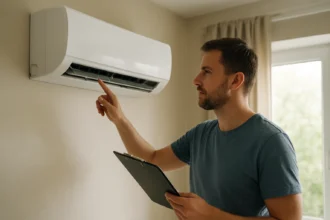 Technik skontroluje inverterovú split klimatizáciu v interiéri