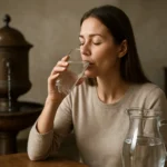 Žena pije Paskálovu liečivú vodu z pohára, v pozadí prameň.