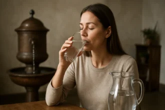 Žena pije Paskálovu liečivú vodu z pohára, v pozadí prameň.