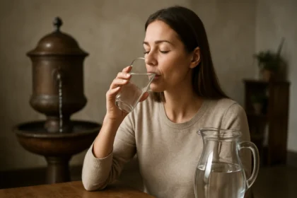 Žena pije Paskálovu liečivú vodu z pohára, v pozadí prameň.