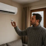 Muž s diaľkovým ovládaním klimatizácie v zimnom prostredí