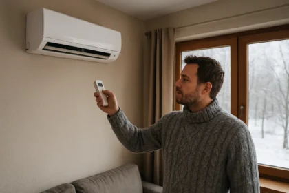 Muž s diaľkovým ovládaním klimatizácie v zimnom prostredí