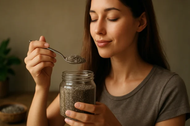 Žena s chia semienkami v lyžici pred otvorenou sklenenou nádobou.