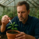 Pestovateľ pridáva gibberelíny do rastliny v skleníku.