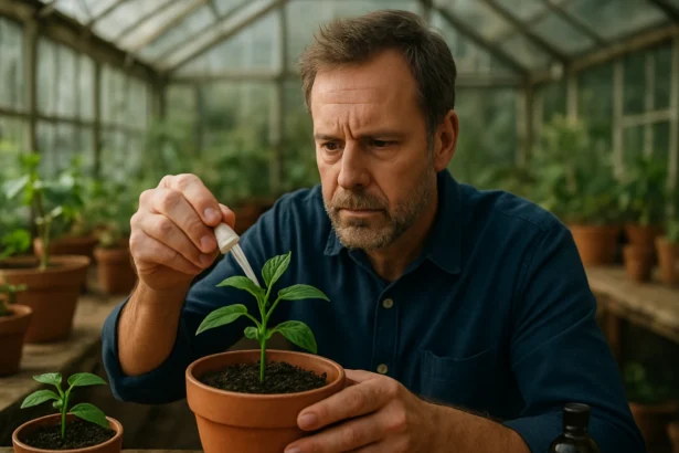 Pestovateľ pridáva gibberelíny do rastliny v skleníku.