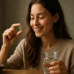 Žena sa usmieva a drží kapsulu maca pri pohári vody.