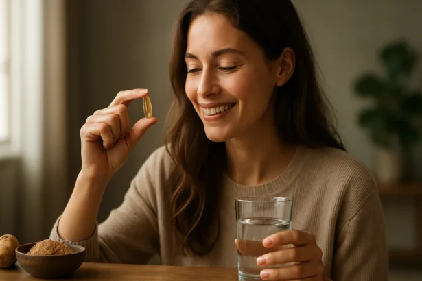 Žena sa usmieva a drží kapsulu maca pri pohári vody.