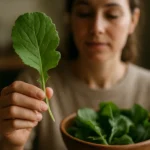 Žena ukazuje na list reďkovky s miskou čerstvých listov v pozadí.
