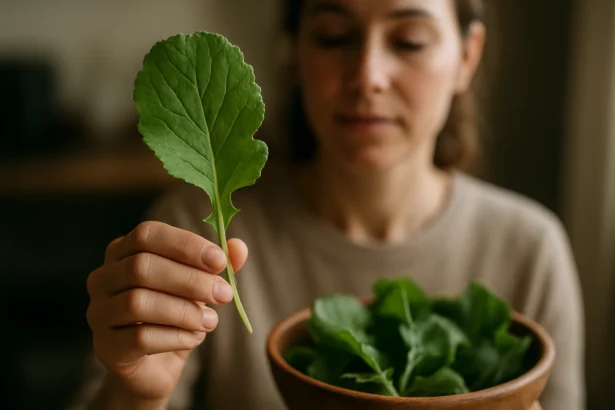 Žena ukazuje na list reďkovky s miskou čerstvých listov v pozadí.