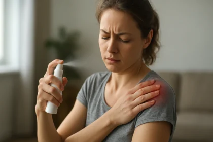 Žena používa sprej na bolesť na zmiernenie bolesti ramena.