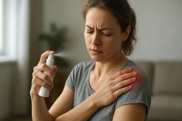 Žena používa sprej na bolesť na zmiernenie bolesti ramena.