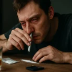 Muž užívajúci kokain s červenými očami, vedľa pohár alkoholu.