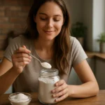 Žena drží lyžicu s kremelinou z pohára v kuchyni