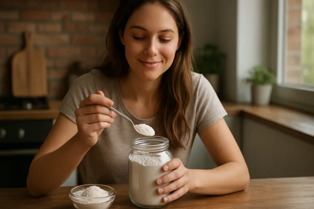 Žena drží lyžicu s kremelinou z pohára v kuchyni